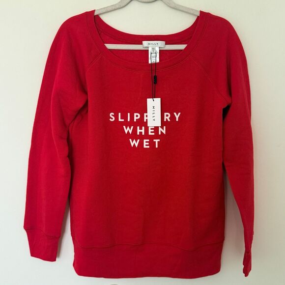 NWT MILLY Slippery When Wet Fleece Sweatshirt Crewneck Cotton Pullover Sz PS - Picture 1 of 9